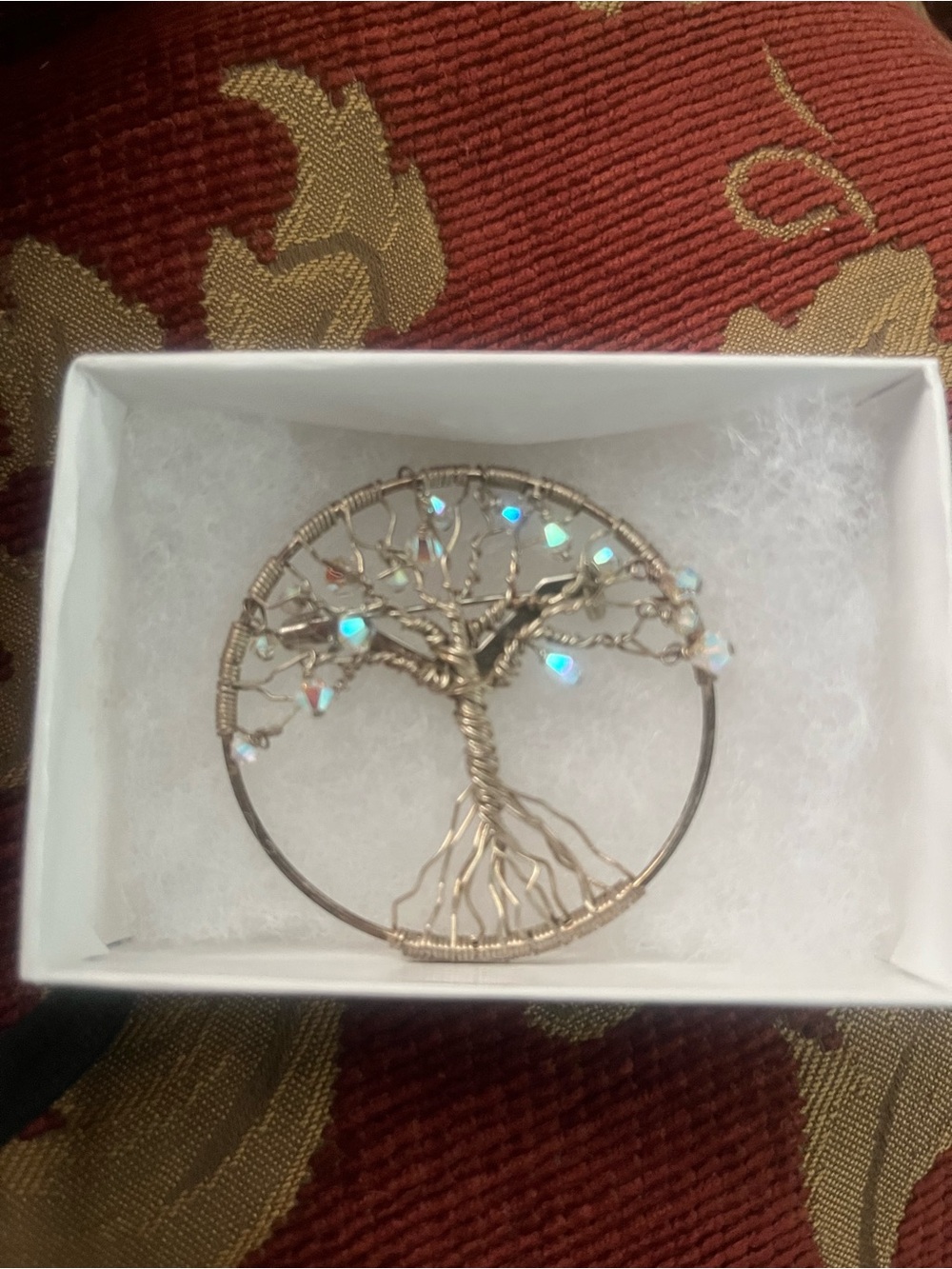 Wire Wrapped Tree of Life pin with Iridescent Crystal Beads